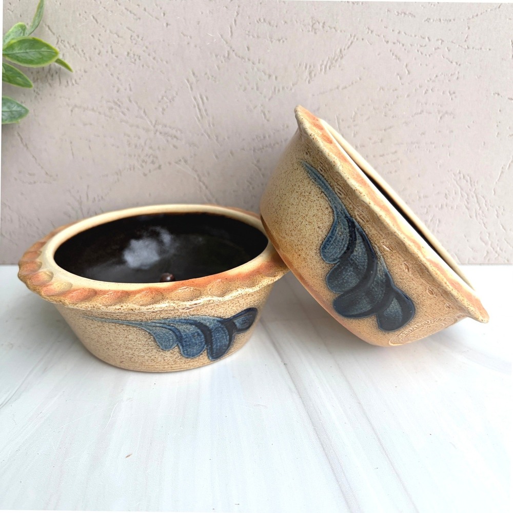 Shadowlawn Pottery Ceramic Apple Baker Stoneware Salt Glaze Blue Leaf Set of 2